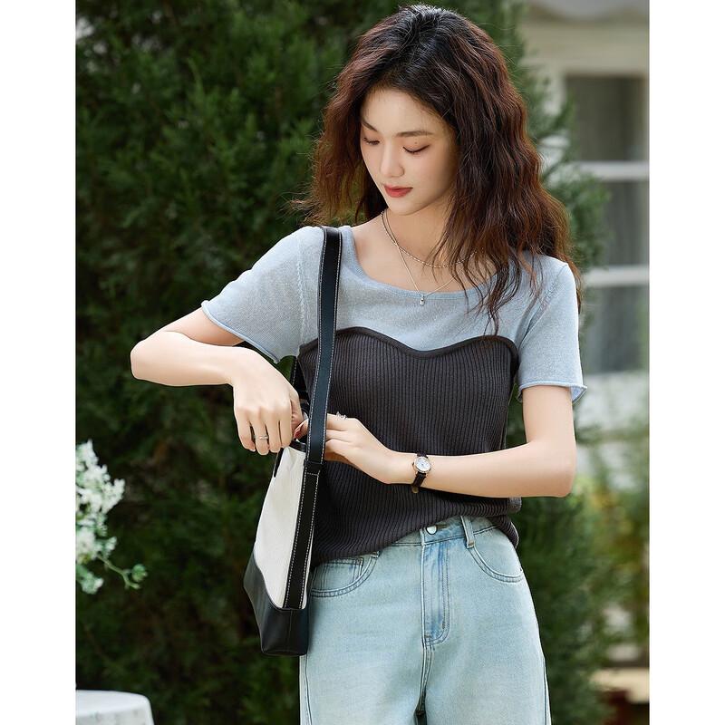 Demana Women's Color Block Knit Short Sleeve Top