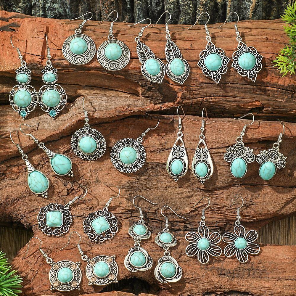 3pair Carved Turquoises Earrings Set Silver Color Drop Earrings Fashion Dangle Earrings  Ladies