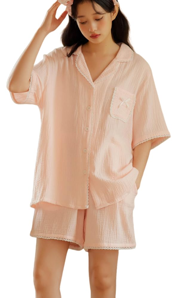 RAVIR Cotton Double Gauze Short Sleeves and Shorts Breathable and with Lace Size M Women's 100% Pajamas, Set, Moisture-Wicking Trim, Pink,
