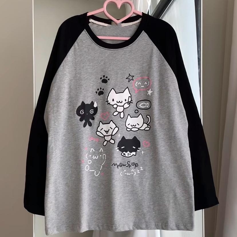 Kawaii Cat Print T-shirts for Women Anime Cartoon Graphic Raglan Sleeve Tops Gothic Japan Style Autumn Cutecore Clothes