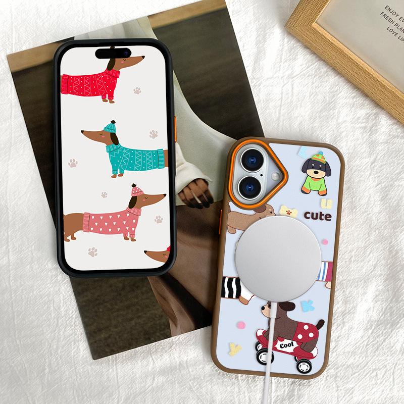 Cartoon Dog Compatible Magnetic Phone Case for IPhone 15, All Inclusive Anti Drop 14promax Ring Armor Phone Case for Apple 16