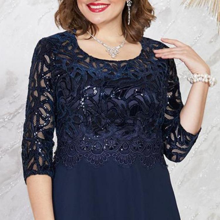 Evening Dress Plus Size Lace Embroidery Chiffon Patchwork A-Line O-Neck Half Sleeve High Waist Flowy Hem Long Dress Female Clothing