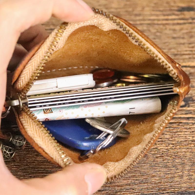 Vintage Vegetable Tanned Leather Coin Purse for Women's Adult Small Wallet, Handmade Old, Color Wiped, Niche Mini Coin Card Bag