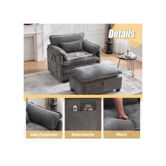 Fauteuil moderne - MUVOE - Chaise longue - Tissu chenille - Repose-pieds - Poche latérale
