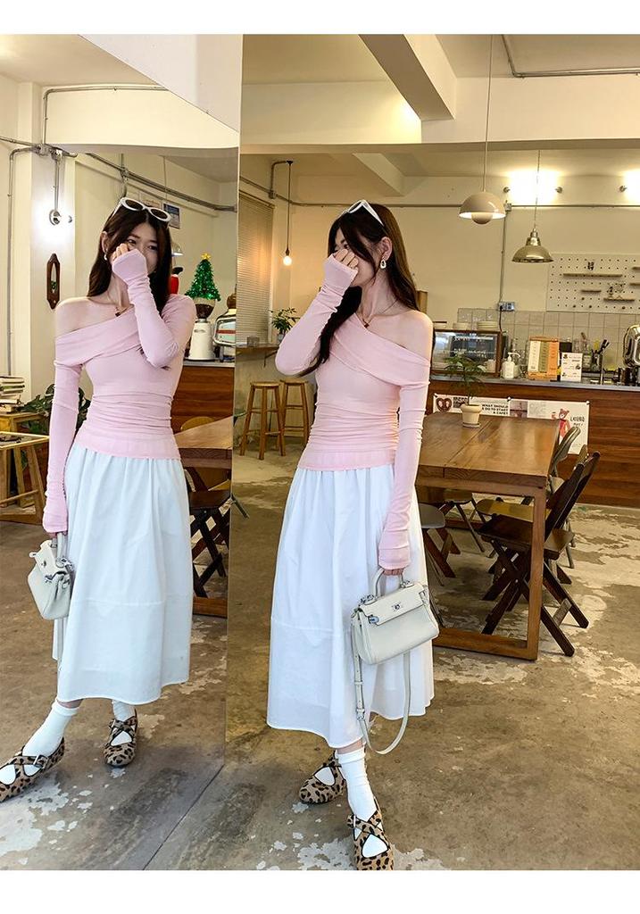 2026 Autumn Off-Shoulder Long-Sleeve Korean Style T-shirt for Women - Simple and Elegant