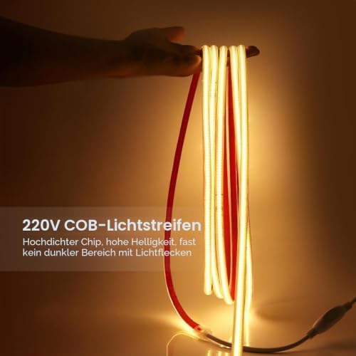 1m COB LED-Streifen Selbstklebend, 220V 288LEDs/M FCOB LED-Lichtleiste, Super Helles Warmweiß Flexibles COB LED-Band