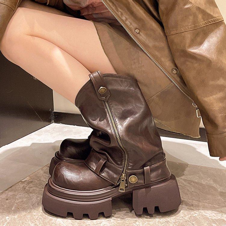 Fashion 2025 PU Leather Spring Round Toe Shoes Motorcycle Boots Women Ankle Booties Ladies Fashion Chimney Autumn Moccasins