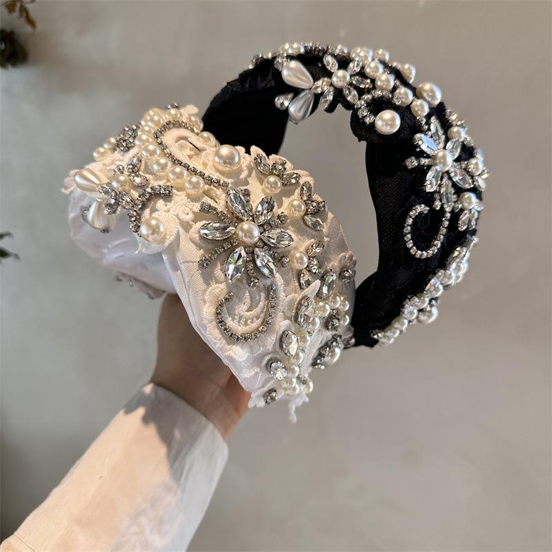 Luxur  Black White Crystal Embroidered Flower Headband for Women Girls Travel Seaside Wide Hair Hoops Headwear Hair Bands