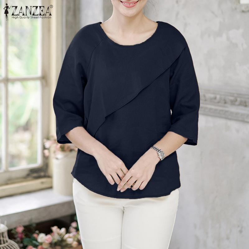 ZANZEA Bluză casual de vară pentru femei, cu gât rotund, culoare uni, mâneci 3/4