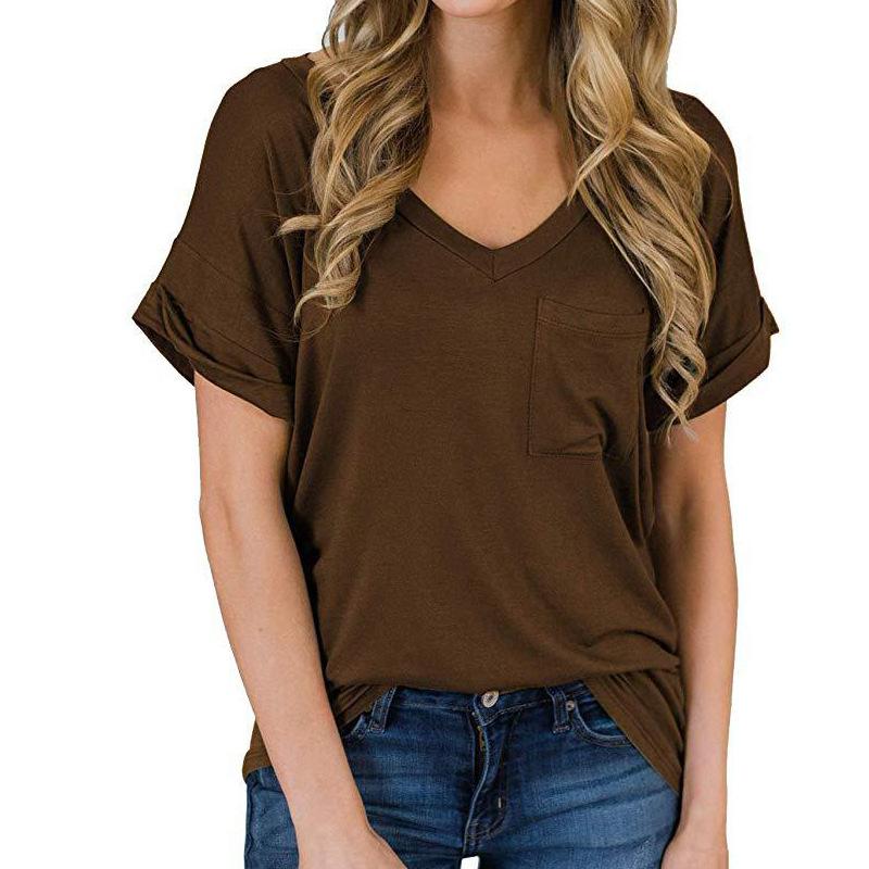 Damen Frühling und Sommer V-Ausschnitt Tasche Einfarbig T-Shirt Gesäumtes Kurzarm Lockeres Oberteil