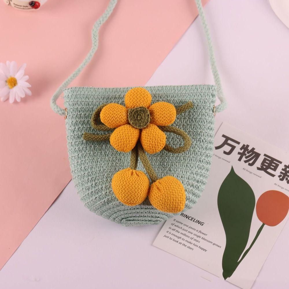 Cute Flower Straw Bag Mini Colorful Summer Beach Shoulder Bag Handmade Zipper Coin Purse