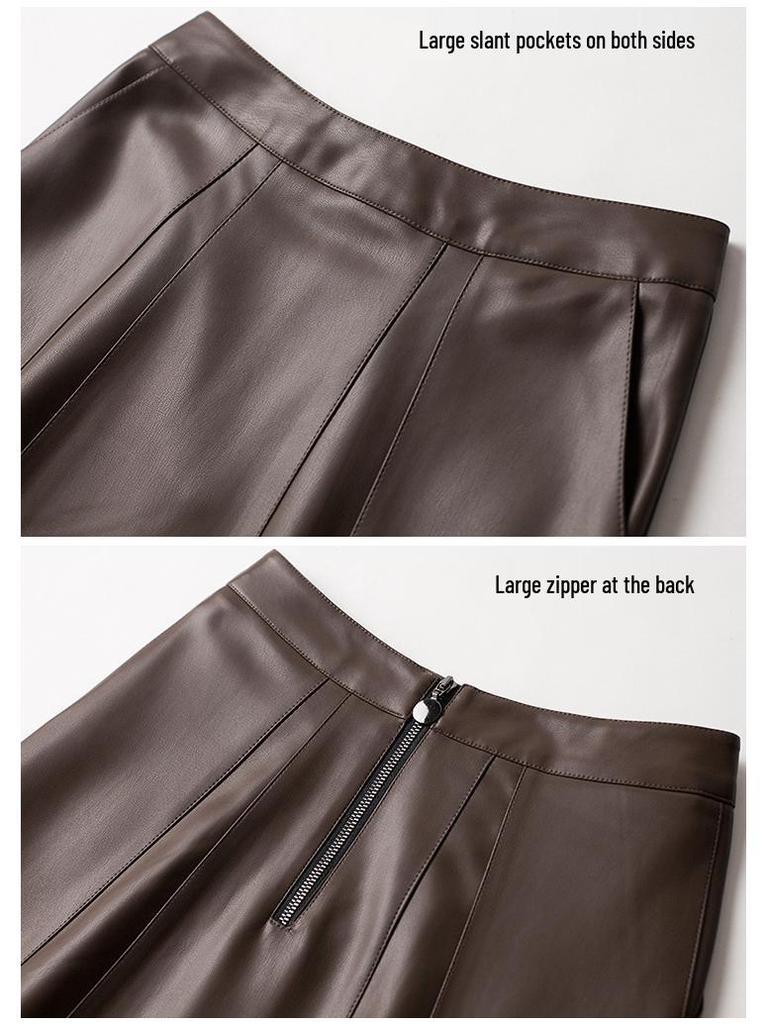 Women's Cross-Strap Leather A-line Skirt - Mid-length, High-waist, Slimming Umbrella Design, Fashionable Wide Hem, 2025 Autumn/Winter Collection.