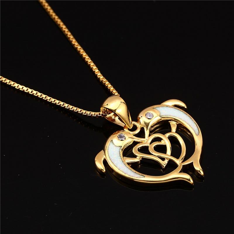 

Fashion Blue Platinum White Two Dolphins Double Heart Pendant Necklace Female