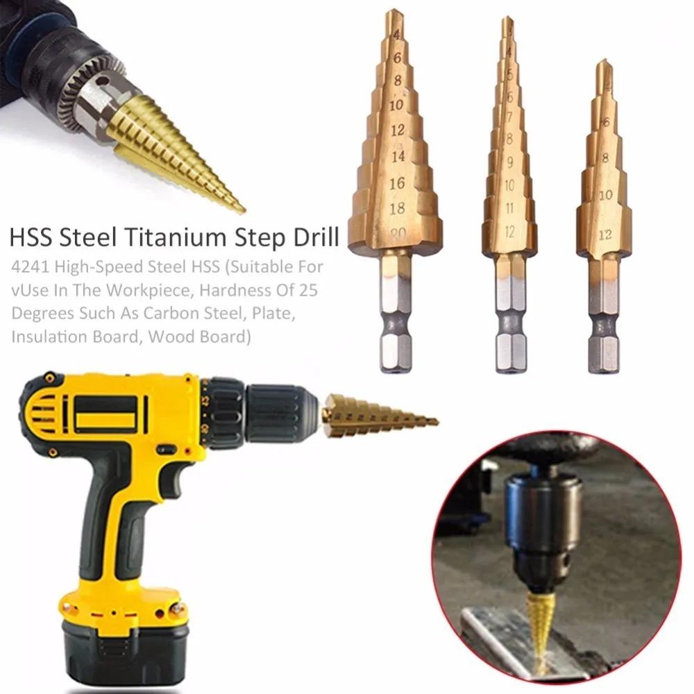 3Pcs Hss Steel Titanium Step Drill Bits 3-12/4-12/4-20mm Step Cone Cutting Tools Steel Woodworking Wood Metal Drilling Set