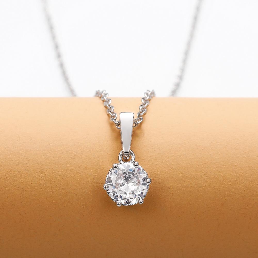 Silver Plated 6-Prong Round CZ Solitaire Pendant Necklace, Classic Diamond Simulant Cable Chain Necklace for Women