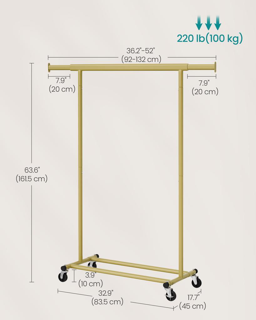 SONGMICS Clothes Rack On Wheels, Heavy Duty Clothes Rail, 45 X (92-132) X 161.5 Cm, with Extendable Hanging Rail, 100 Kg Load Capacity, Easy Assembly