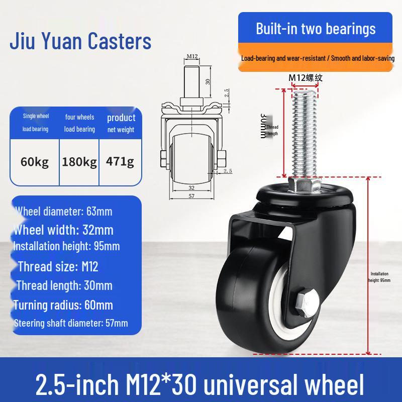 Black Heavy-Duty Swivel Casters with Brakes for Furniture, Cabinets & Industrial Use, Double Bearing Wheels