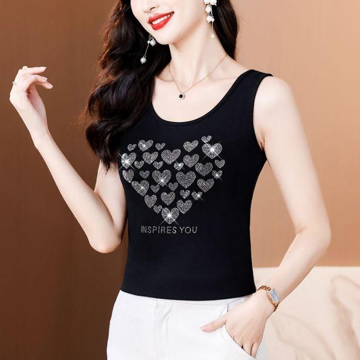 Damen Ärmelloses Rundhals T-ShirtSommer Mama Outfit Schwere Strasssteineht Stilvolle Lockere PassformSchlankmachende und Altersreduzierende Bluse