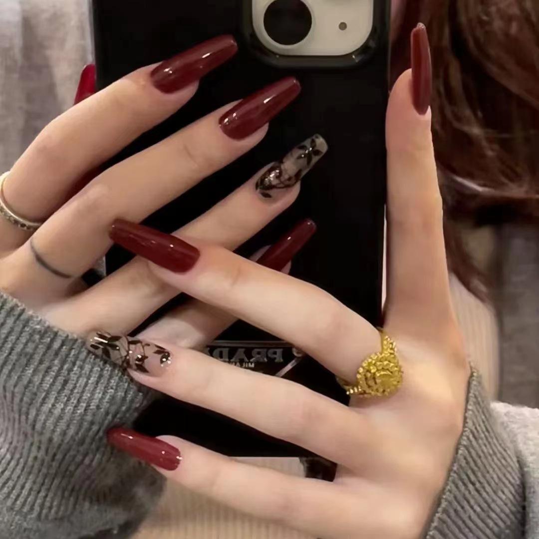 

Premium Cherry Style Press-On Whitening Bridal Nails for New Year N159 Vintage Hand-Painted [With Glue]