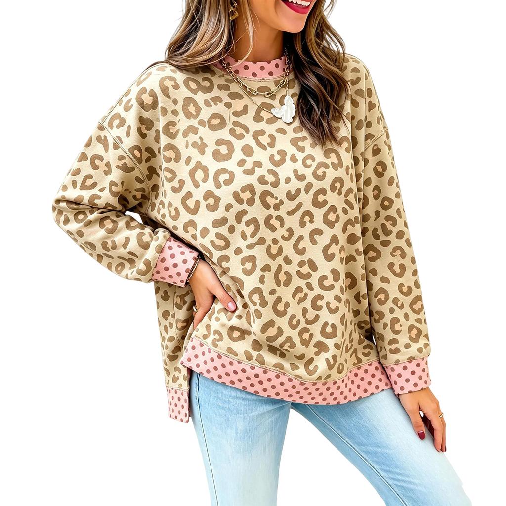 Women's Loose Fit Neck Sweatshirt with Leopard Print and Polka Dot Color Block for Fall