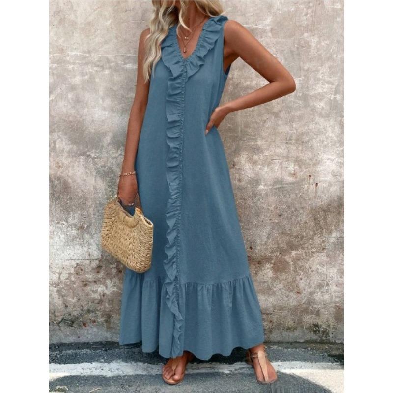 VEZFAA Women's Fashion Summer Spring Solid Color Print Sleeveless V-Neck Loose Waistline Casual Dresses