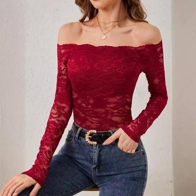 Women's Elegant Scalloped Neck Edge One Neck Strapless Lace Slim Slim T-Shirt Long Sleeve Top