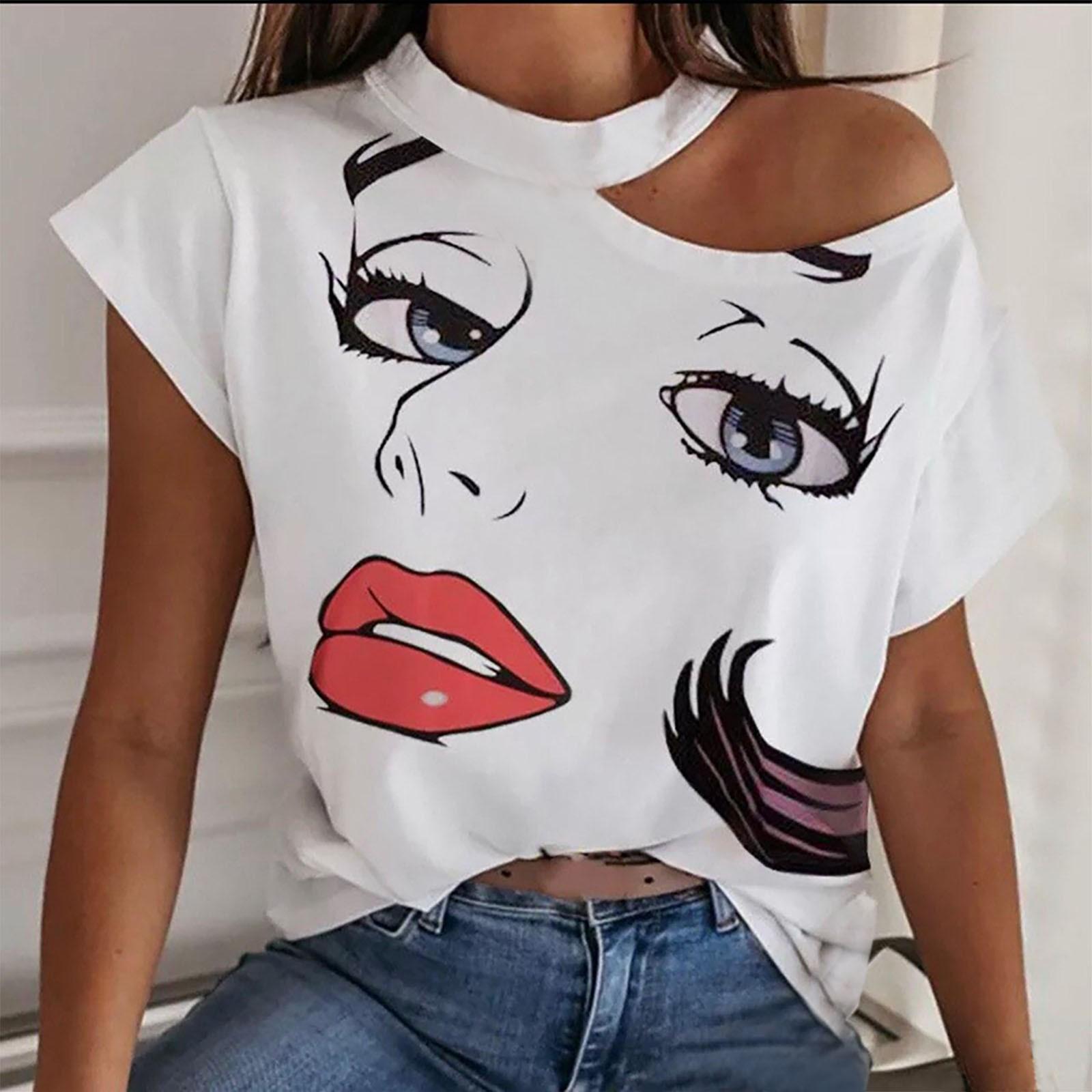 

Women Summer Casual Printing Cold Shoulder Short Sleeve Tunic Shirt Tops