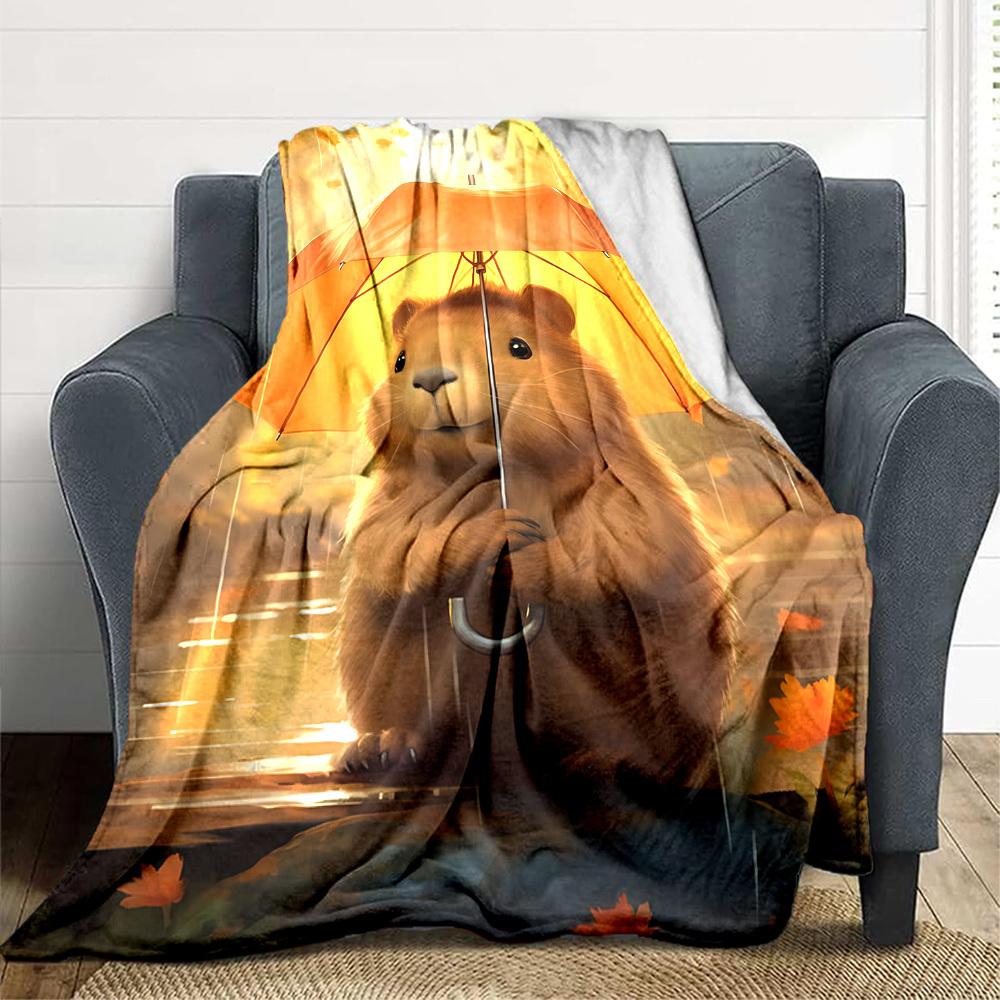 

1pc Autumn Rain, Capybara Blanket, Lightweight Flannel Fleece with Digital Printing, Soft Warm for Sofa, Travel, Camping, Office, Couch, Chair, and Be 100x150cm