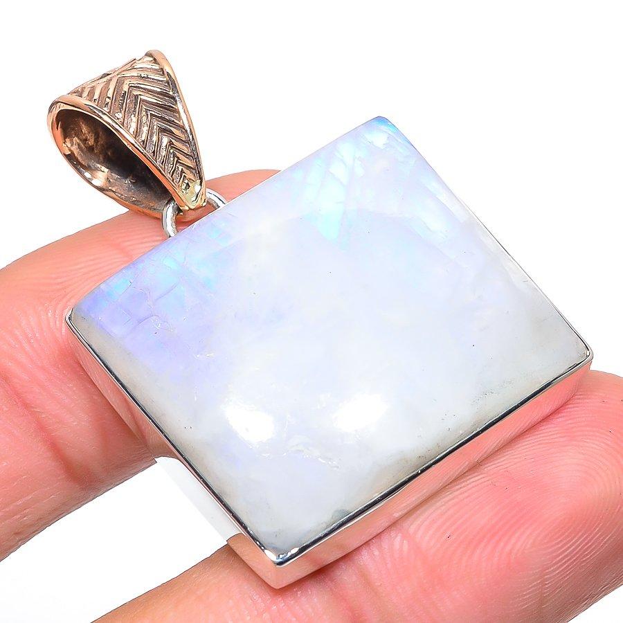 

Natural Rainbow Moonstone 925 Sterling Silver Jewelry TwoTone Pendant 1.69 H0a21