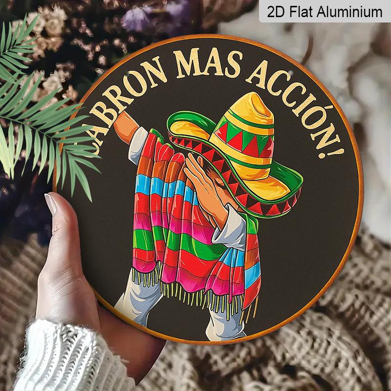 2D Flach, 1 Stück 7,87 Zoll Runde Aluminium-Wandplakette im französischen und mexikanischen Stil - Spanisches/Lateinamerikanisches Kultur-Dekor-Schild mit von Mariachi inspirierten Mustern, Mexikanisch