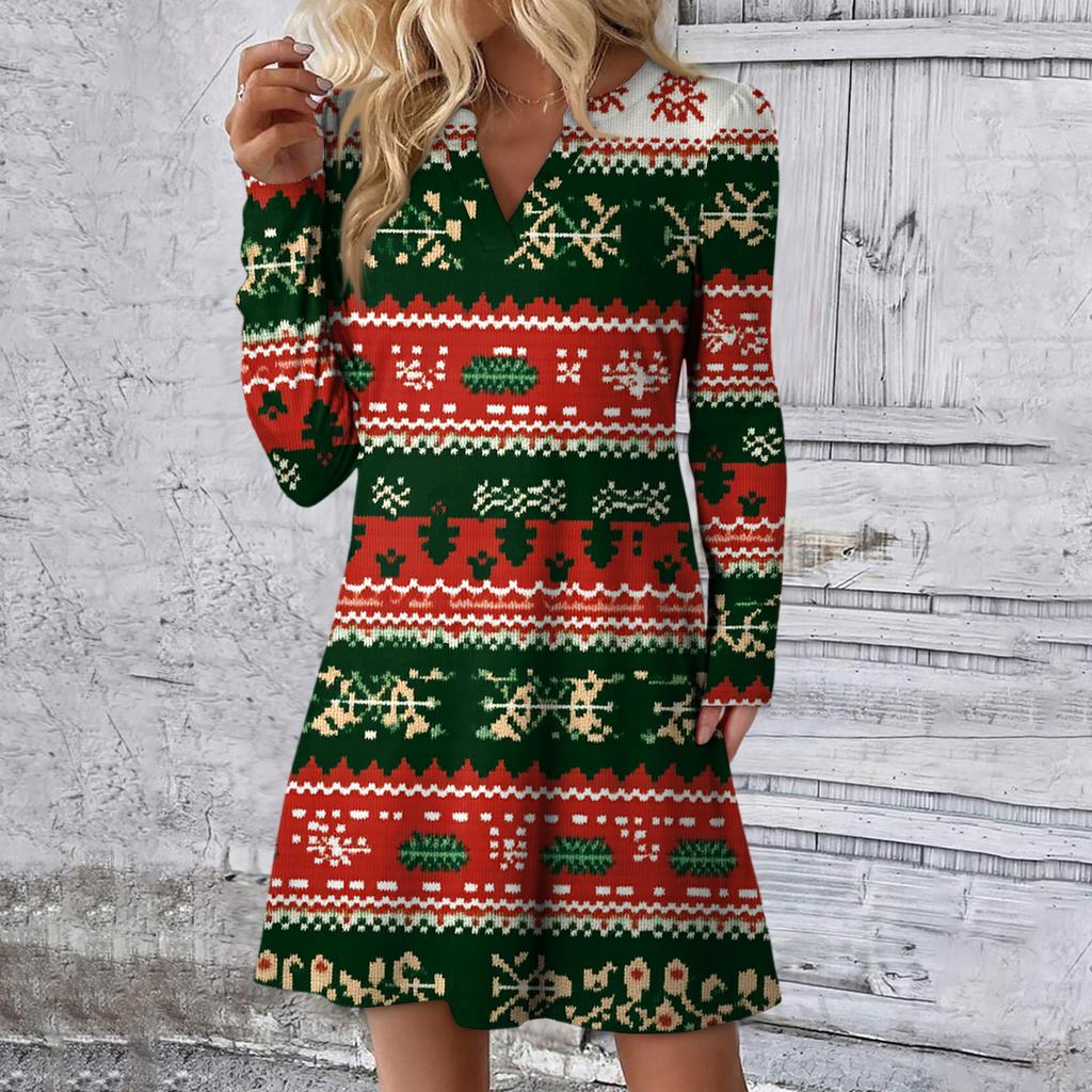 Dámské vánoční šaty s potiskem Volné šaty s výstřihem do V a dlouhým rukávem pro volný čas