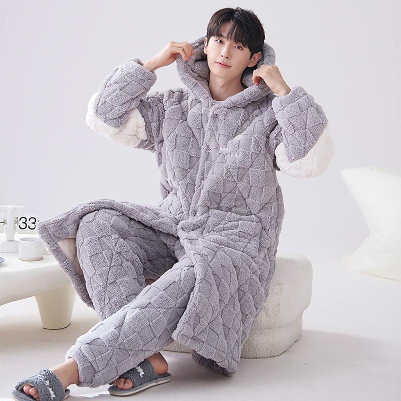 2024 Men's Quilted Winter Hooded Pajama Bathrobe - Warm, Thick Coral Fleece Outerwear