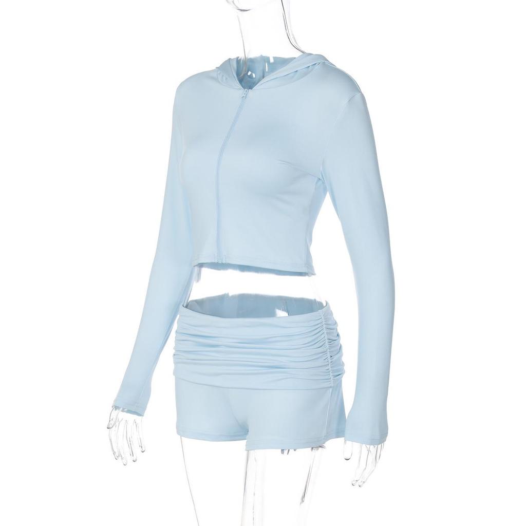 Women's European & American Style Autumn Zip-Up Hoodie & Pleated Shorts Sporty Two-Piece Set