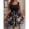 Women's Fashionable Casual Color Blocked Printed Sleeveless Waist Dress In Large Size