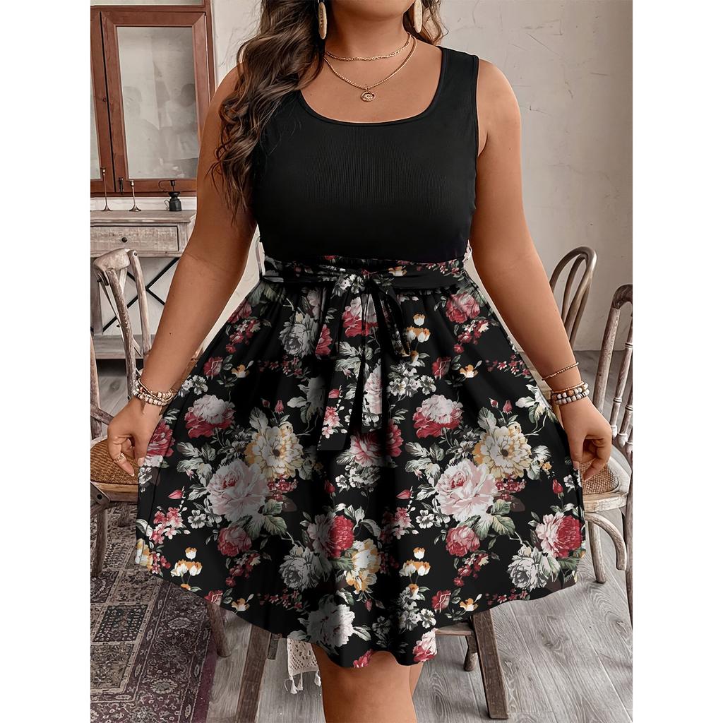 Women's Fashionable Casual Color Blocked Printed Sleeveless Waist Dress In Large Size