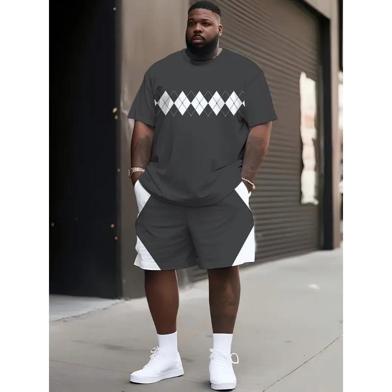 Denim Graphic T-shirt And Shorts 2-piece Set 2025 Plus Size Men's Clothing Casual Loose Drawstring Waist Shorts Short Sleeve Top