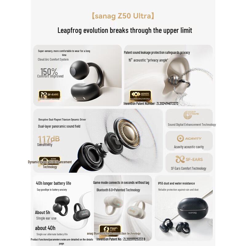 SANAG Z50 Ultra Open-Ear Clip-On AI Bluetooth Headset