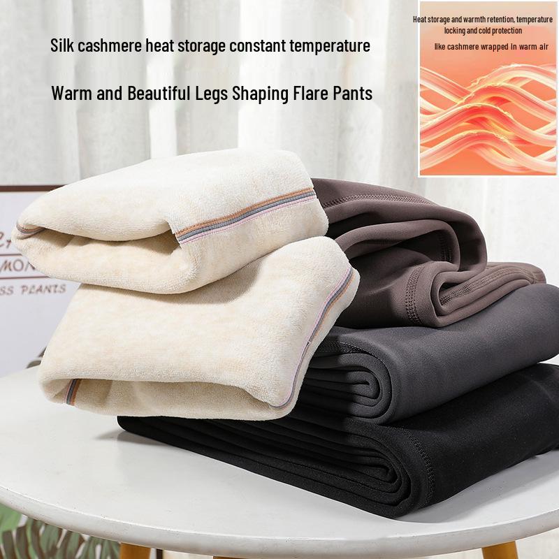 Winter Fleece-Lined Maternity Flare Pants with Abdominal Support and High Waist Design