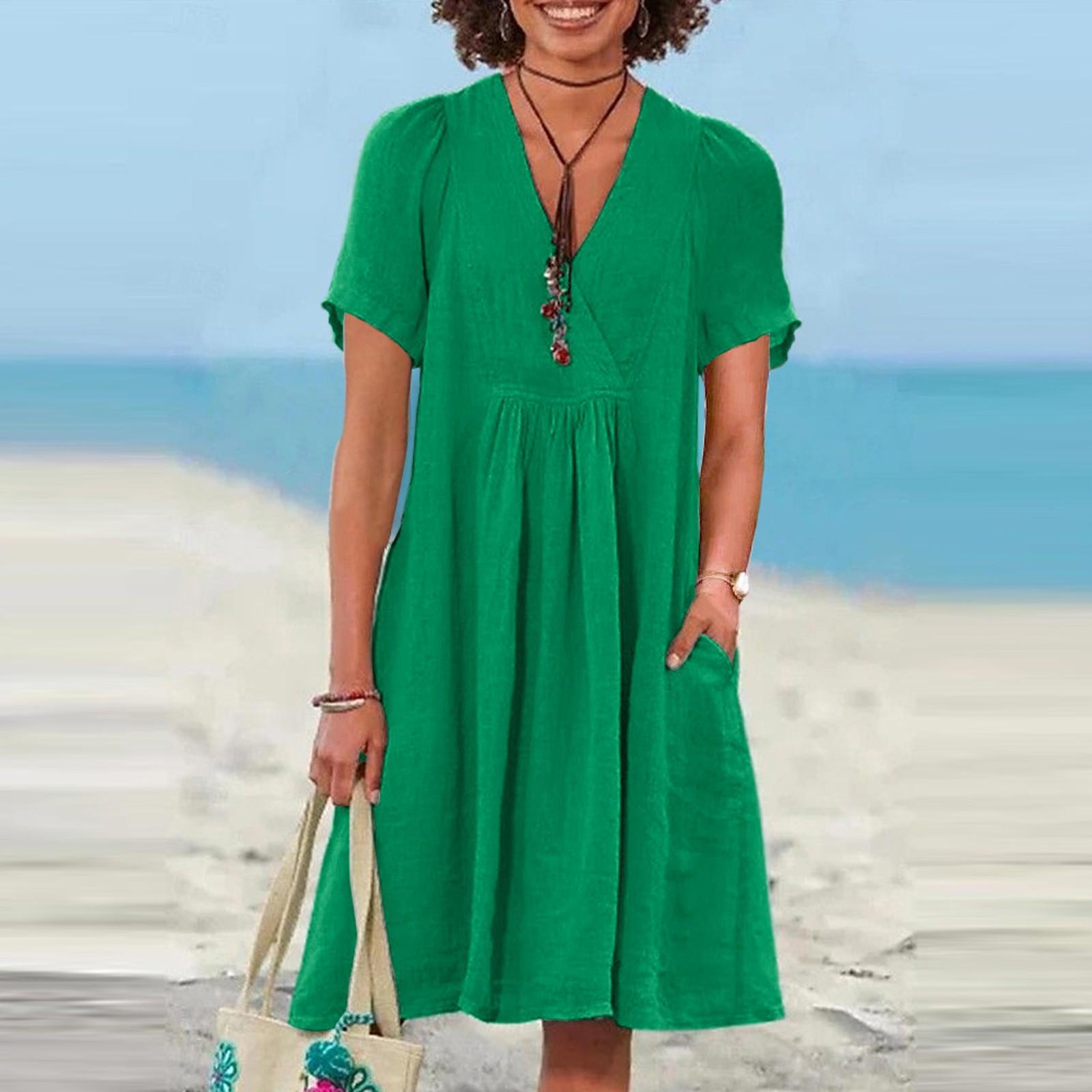 

Women s Casual Loose Fashion Retro Cotton Short Sleeve V-neck Pleated Dress L зелёный