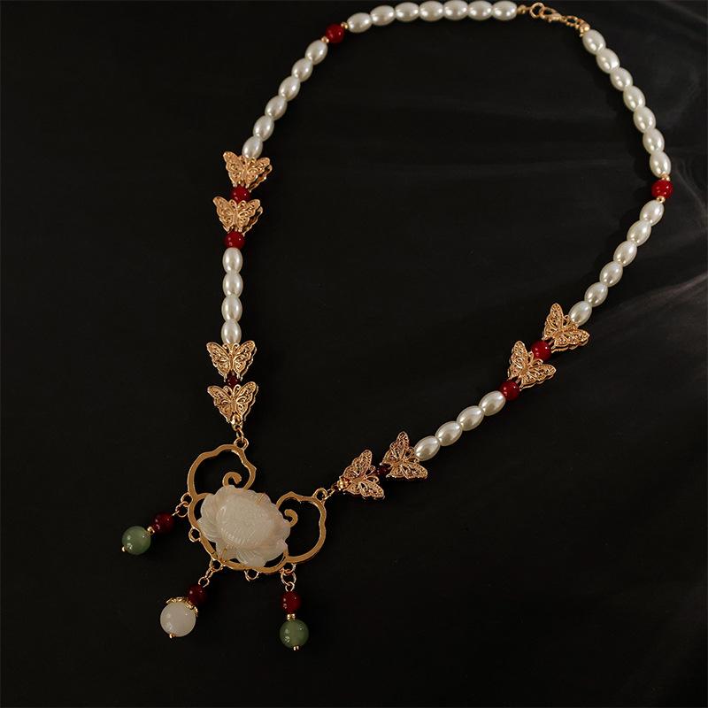 GEMCHIC Women s Tang Dynasty Style Hanfu Necklace, Vintage Lotus Pearl and Glass Pendant Choker for Party