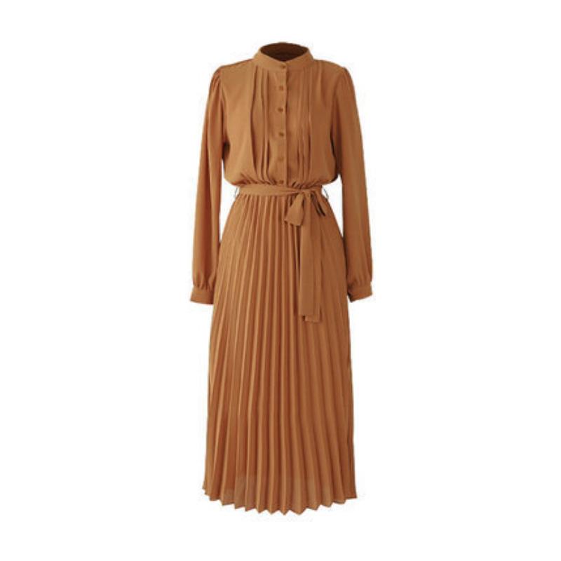 Long-sleeved Dress Spring and Autumn New Slim-fitting Waist and Thin Temperament Pleated Skirt