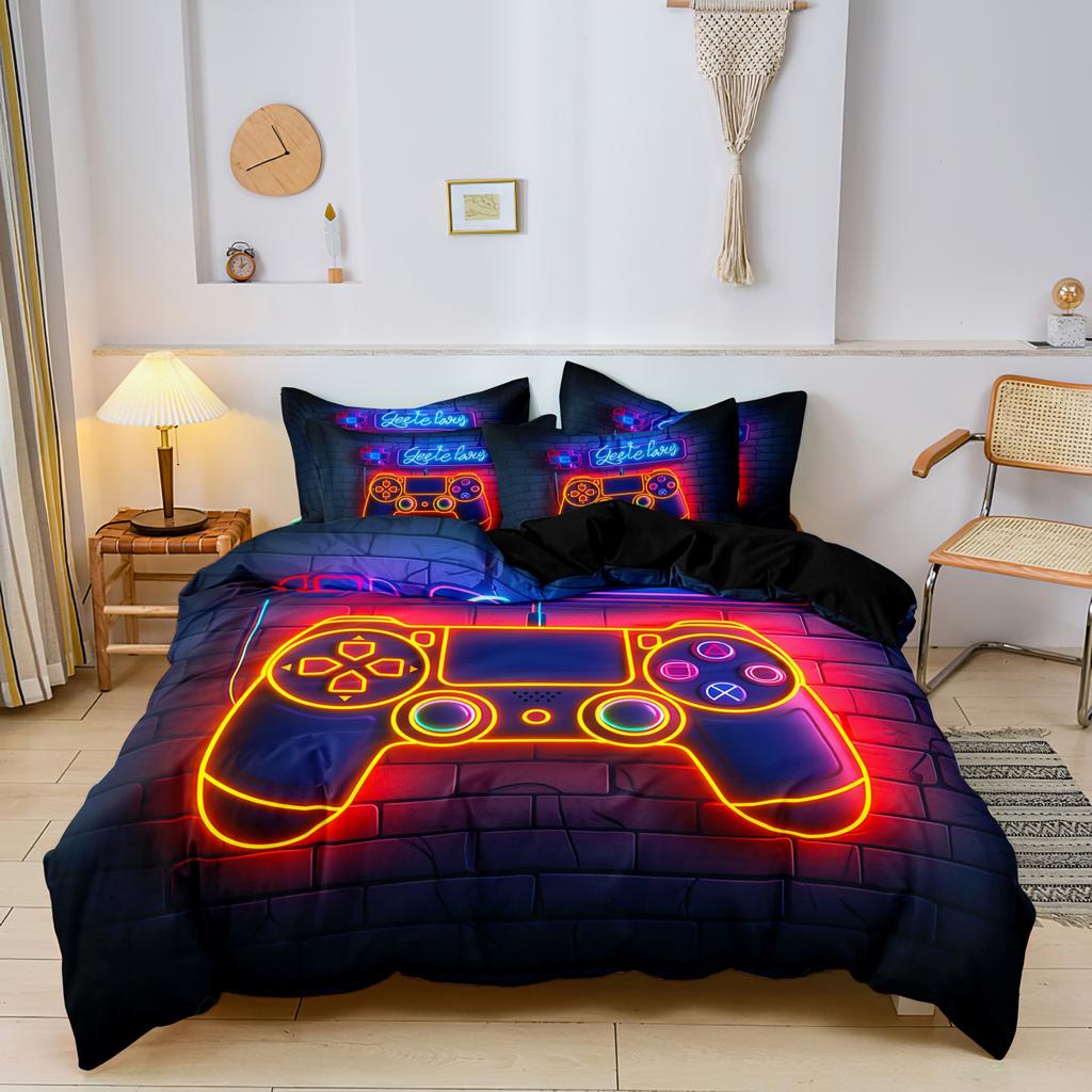 3pcs Video Game Controller Mouse Keyboard Headphone Pattern Duvet Cover Set - Modern Fashionable Cool Gamepad Print
