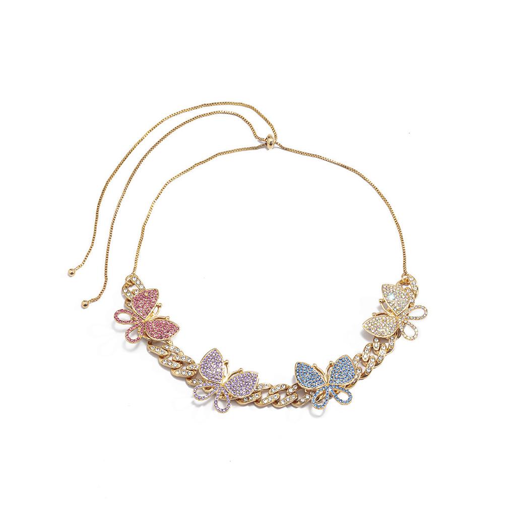 Accessories, Hip Hop Full Diamond Cuban Buckle Chain Necklace, Vintage Exaggerated Color Diamond Set Butterfly Necklace
