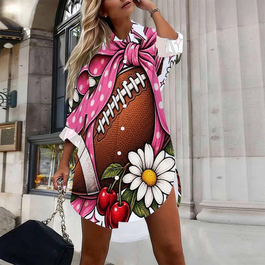 Women Plus Size White Printed Collared Long Sleeve Button Front Curved Hem Shirt Dress