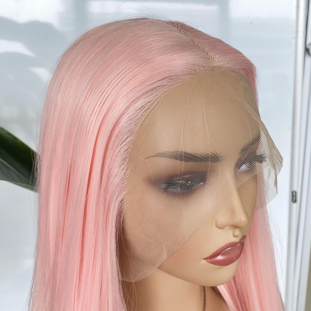 AIMEYA Light Pink Long Straight Wig Synthetic Hair Pink Lace Front Wigs Heat Resistant  Wig Silky Straight Pink Hair