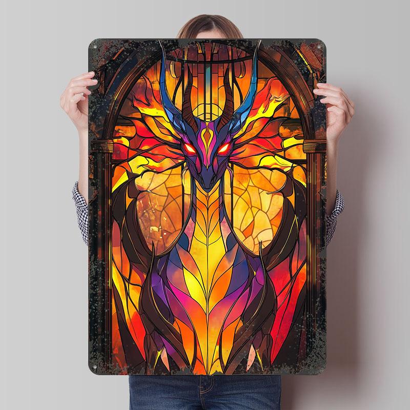 Dragon Stained Glass Tinplate Poster Customized Wall Art Vintage Retro Metal Signs for Garage Decoration Room Office Decor Home