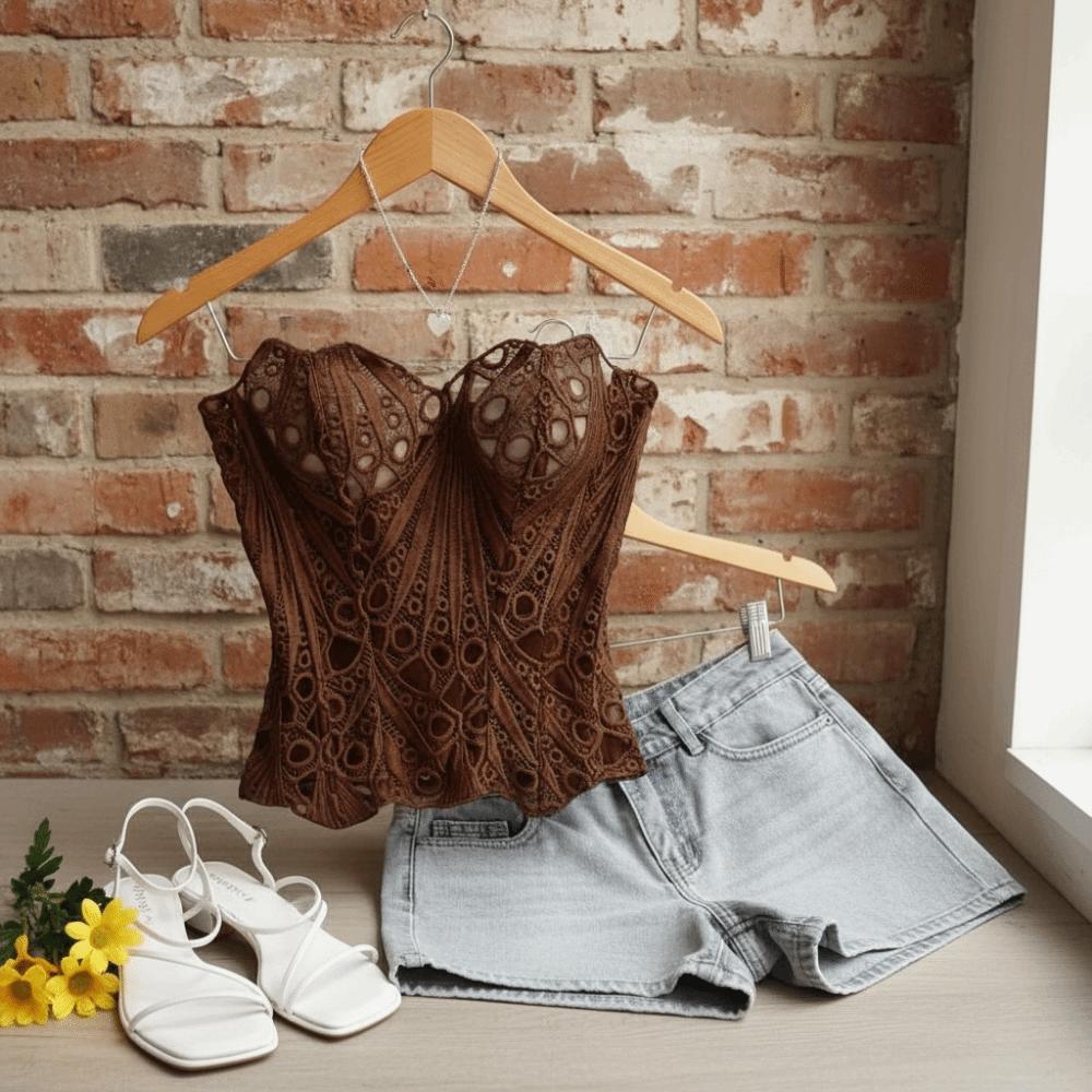 Fishbone Hollow Out Corset Top Back Tie Women Underwear Close Fit Lace Corset Court Style