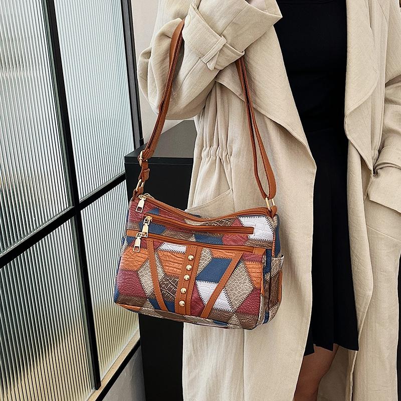 Middle-Aged Mother Bag Stitching Color Block Crossbody Bag Women Retro Multi-Compartment Large Capacity Shoulder Bag