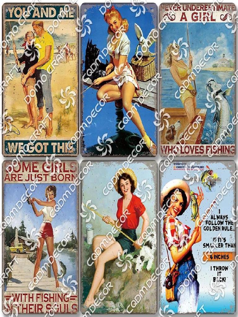 Vintage Znak Metalowy Blaszany Dziewczyny Wędkujące Retro Kobieta z Psami Dekoracja Ścienna dla Klubu Wędkarskiego Dom Wiejski