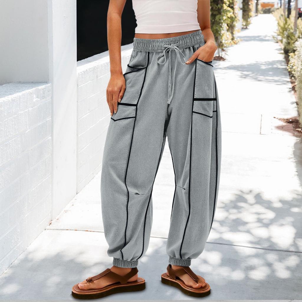 Women's Sanitary Pants, Wide Leg Pants, High Waist, Leg Cinching, Patchwork Pockets, Casual Pants